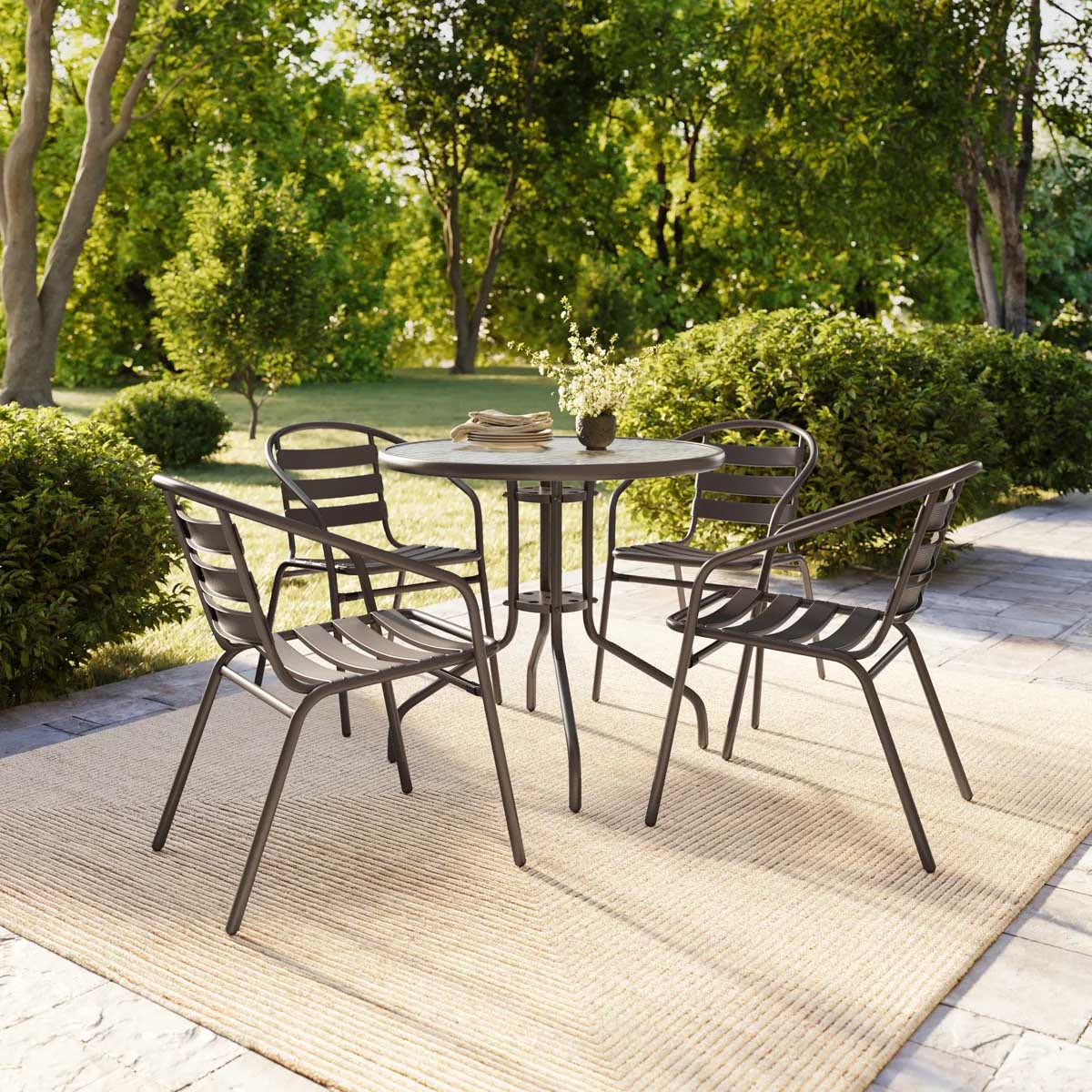 Ivy Bronx Chrisoula Modern Aluminum Stacking Patio Chair Bronze best metal outdoor dining chairs