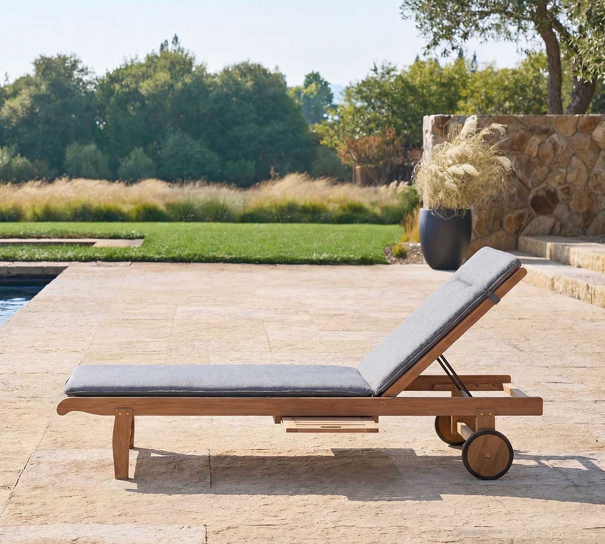 Pottery Barn Ardine Teak Outdoor Single Chaise Lounge with Wheels teak chaise lounge chairs best patio