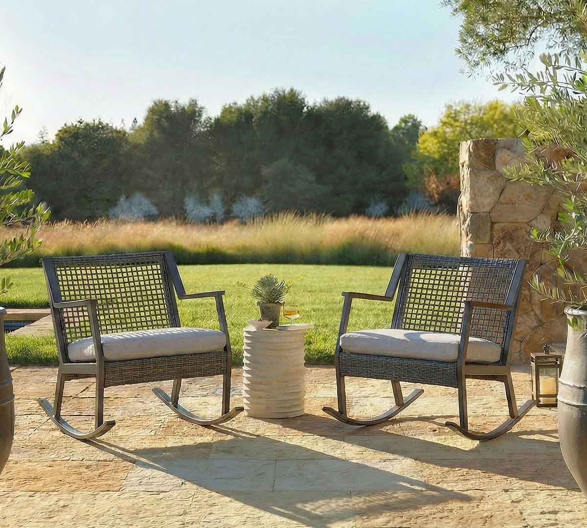 Pottery Barn Klein Wicker Rocking Outdoor Lounge Chairs, Set of 2 Gray best outdoor wicker rocking chairs