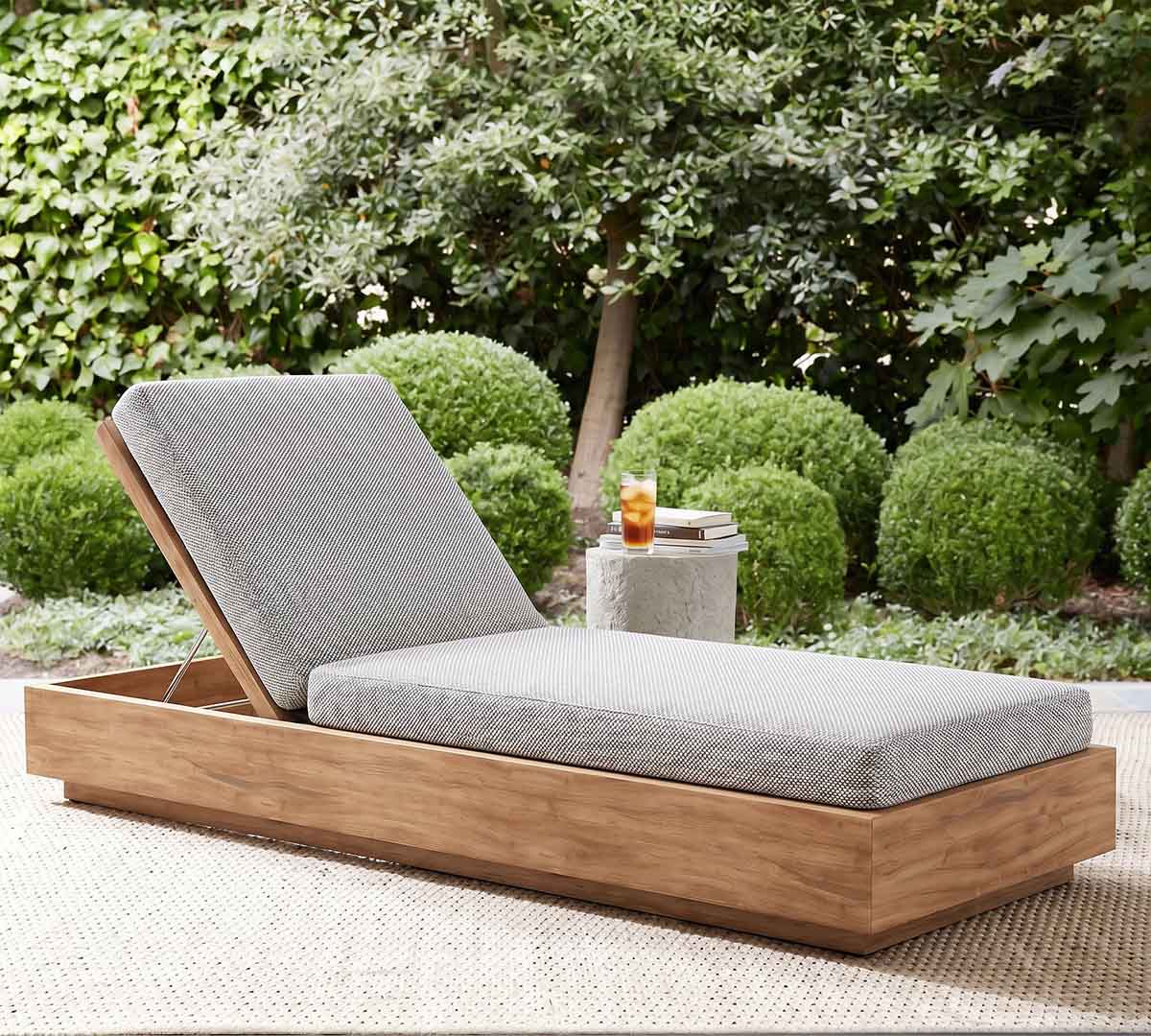 Pottery Barn Lanai Teak Outdoor Single Chaise Lounge Natural with Faye Sand Cushion best teak chaise lounge chairs