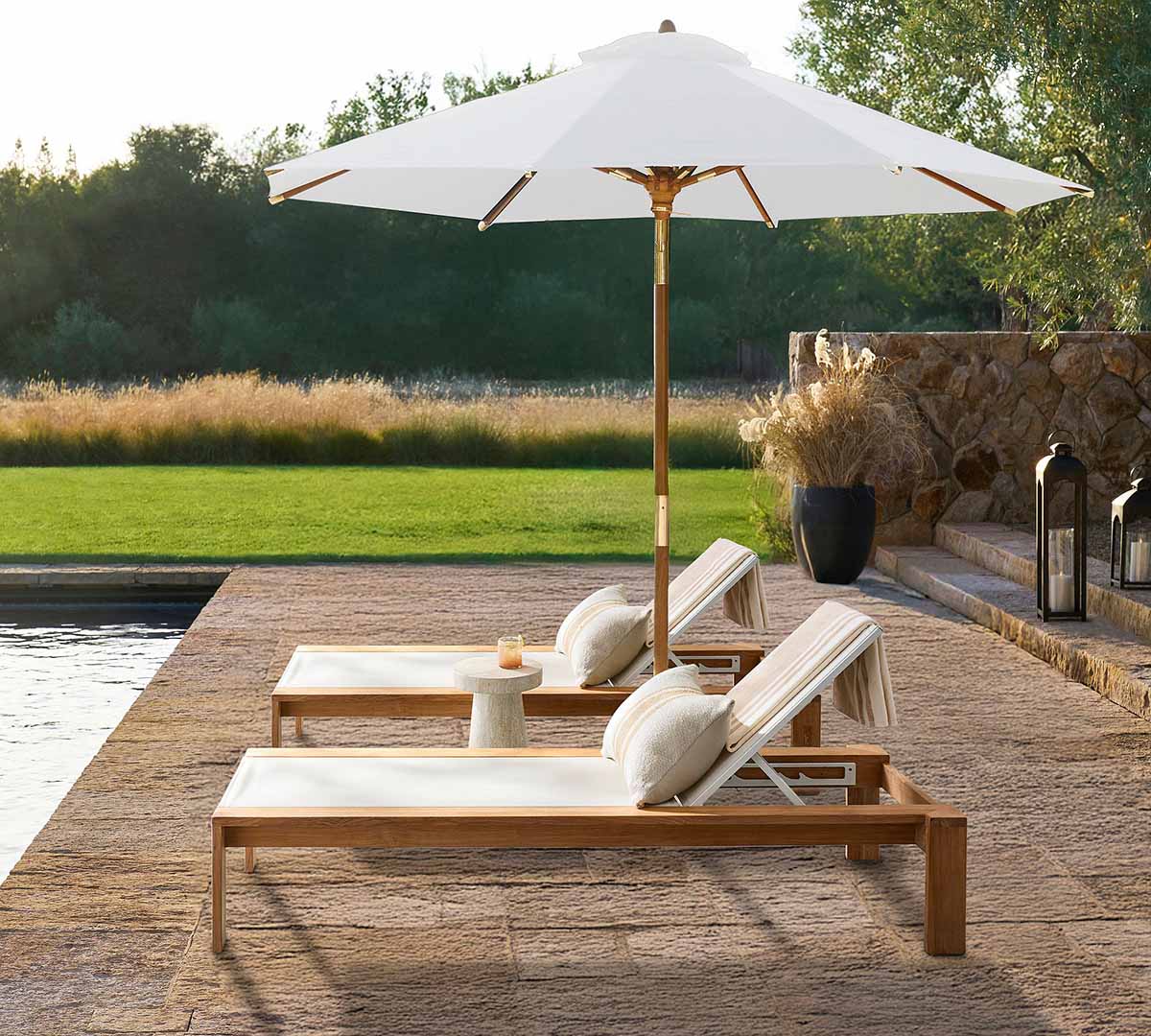 Pottery Barn Malibu Teak & Mesh Stackable Outdoor Chaise, Set of 2 teak chaise lounge chairs