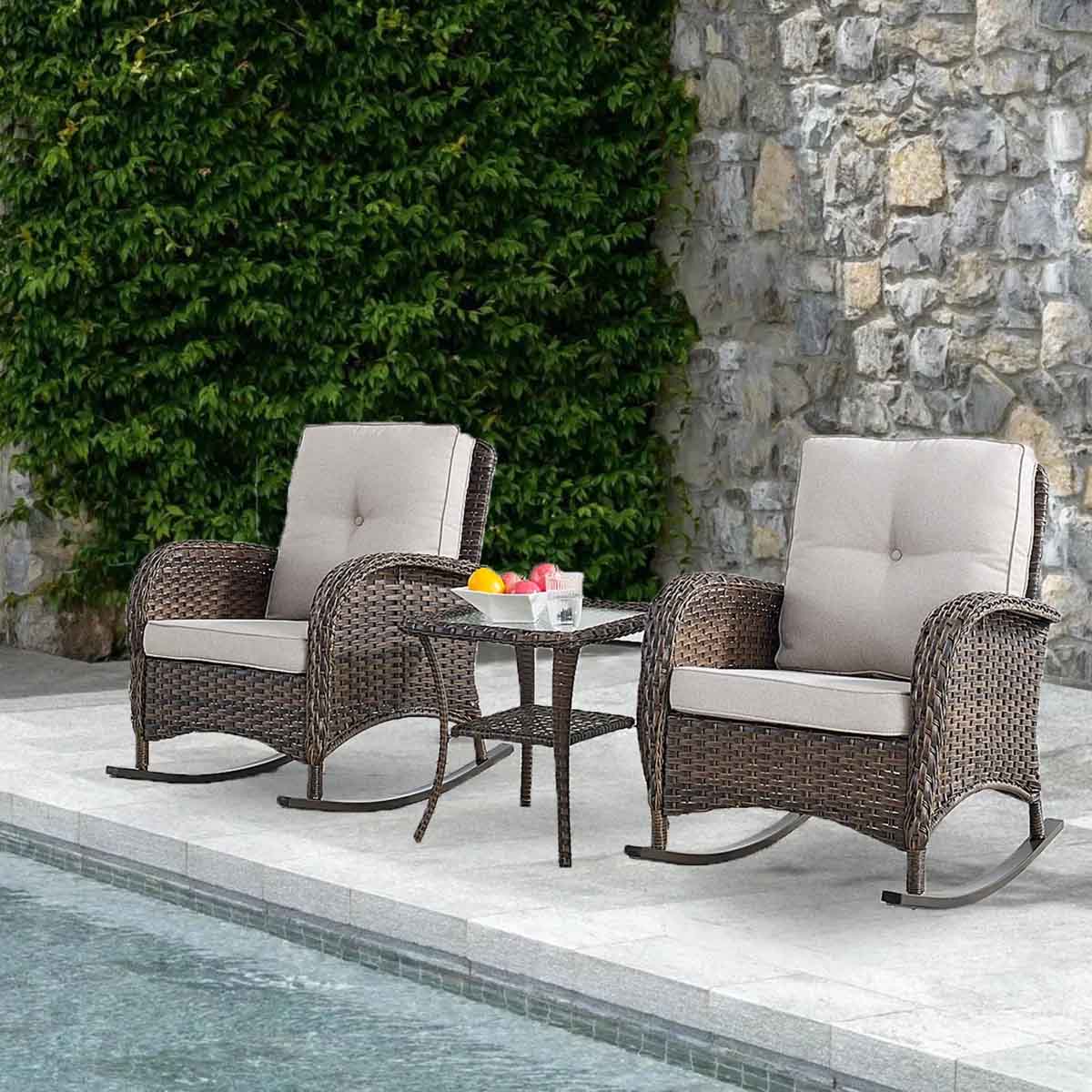 Red Barrel Studio Gaetanino Wicker Rattan Outdoor Rocking Chair Set with Side Table best outdoor wicker rocking chairs