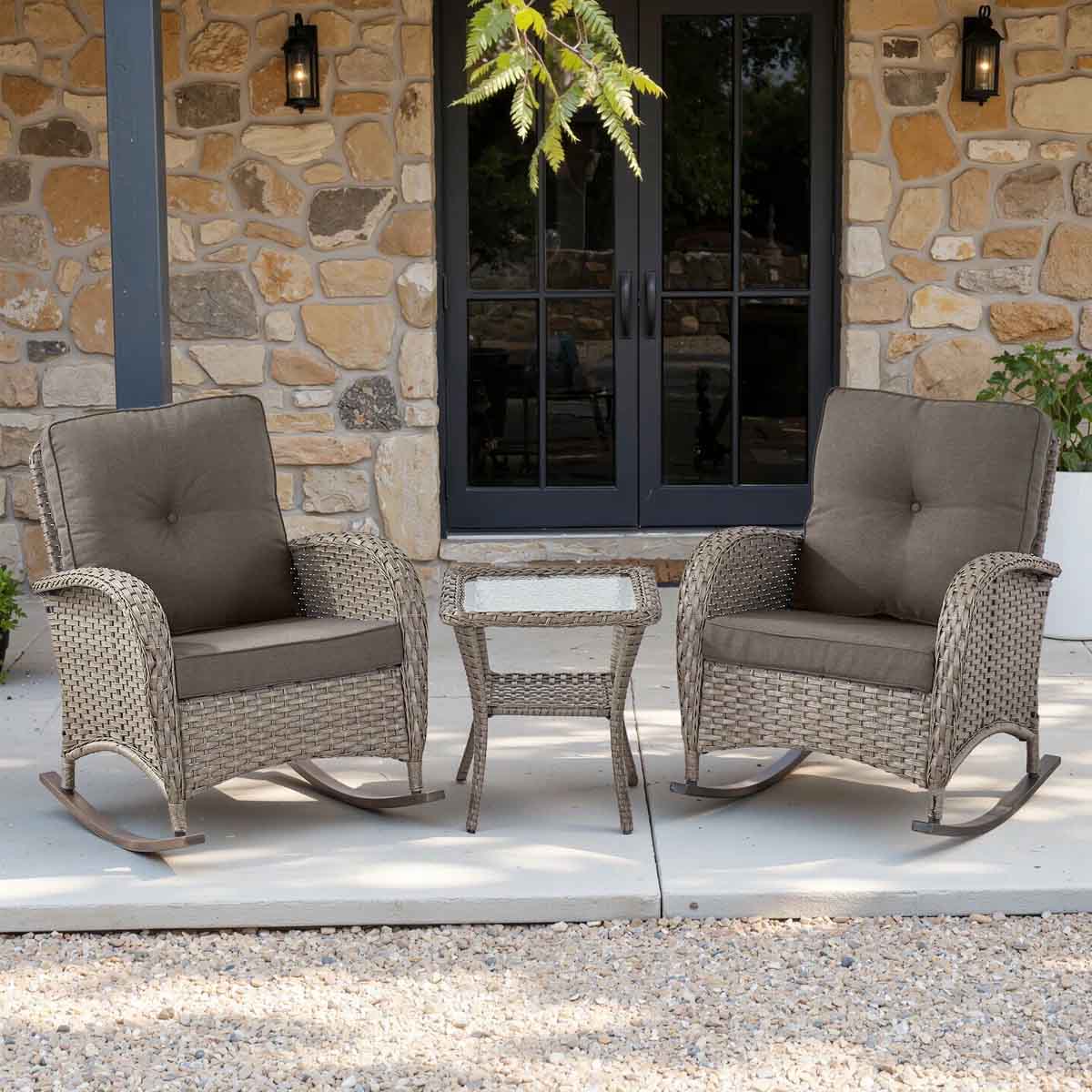 Red Barrel Studio Gaetanino Wicker Rattan Outdoor Rocking Chair Set with Side Table best outdoor wicker rocking chairs