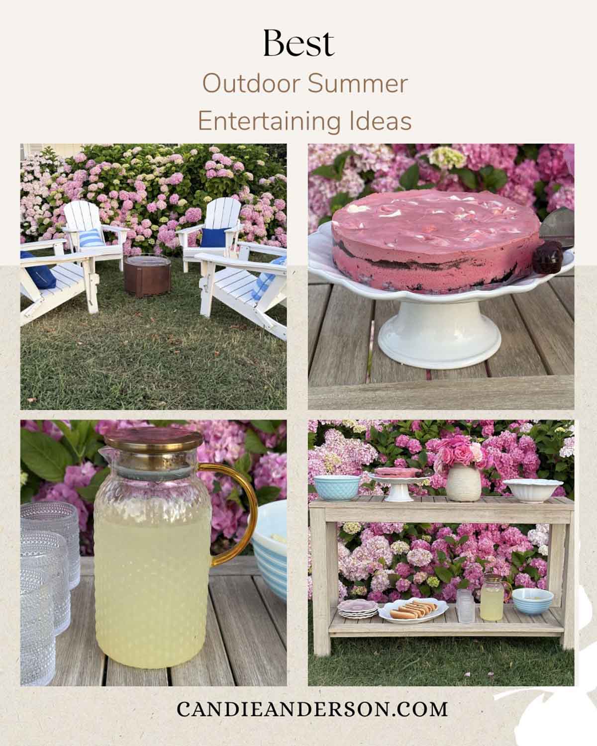 Entertaining expert, journalist and lifestyle blogger Candie Anderson of candieanderson.com shares the best summer outdoor entertaining ideas including gorgeous white Adirondack chairs adorned with coastal inspired blue and white throw pillows, a delicious homemade red velvet ice cream cake, a classic fire pit for roasting hot dogs and more!