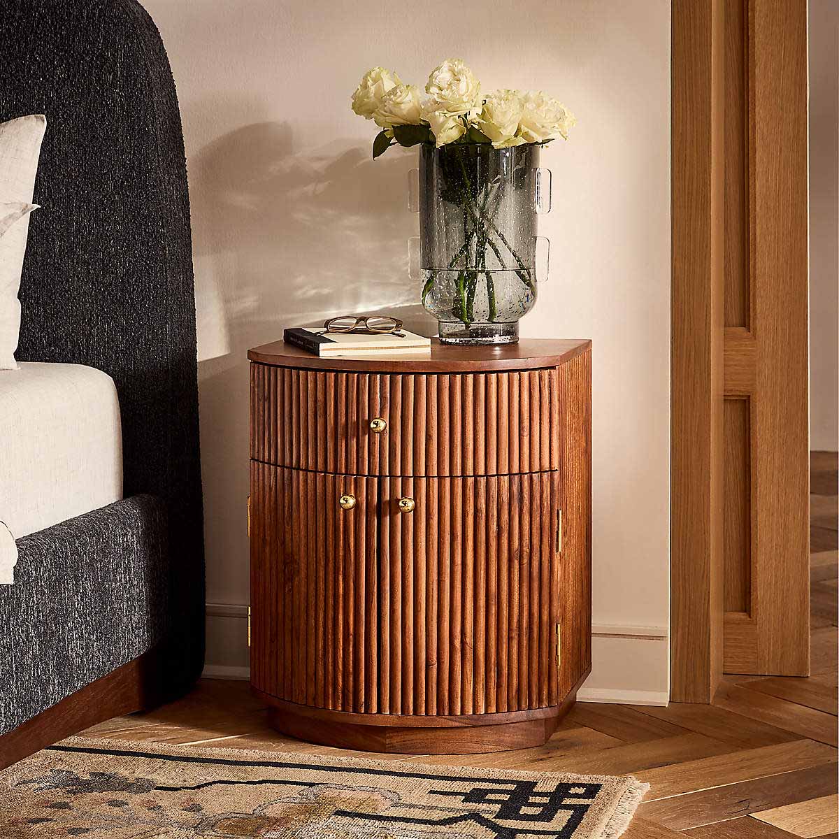 CB2 Cameo 20" Fluted Acacia Nightstand with Drawer Midtone Acacia reeded nightstands