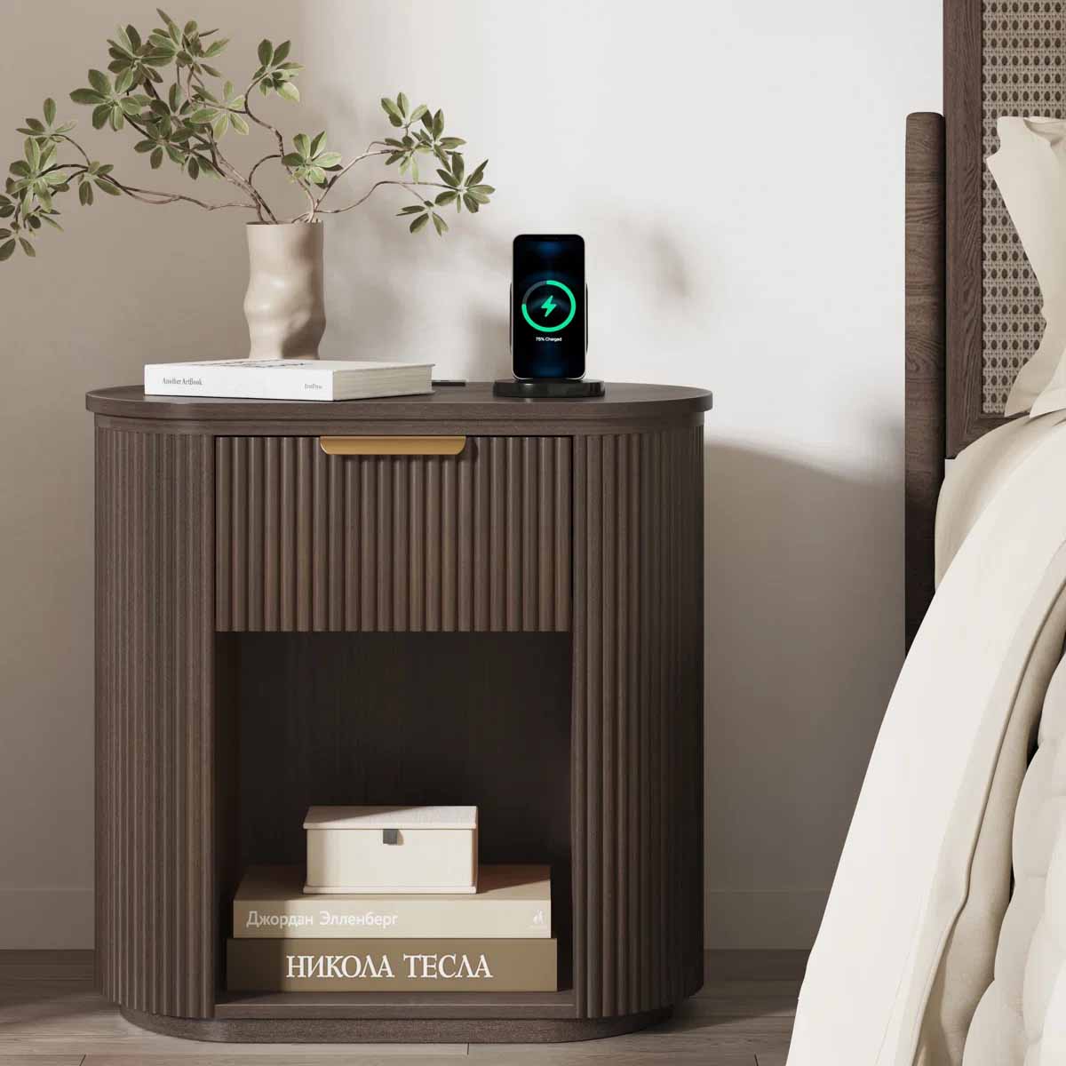 Corrigan Studio Reeded Nightstand with Charging Station Brown Oak Wood Grain best reeded nightstands