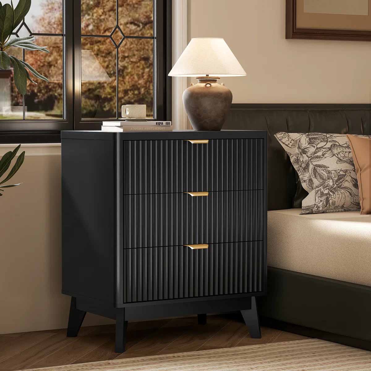 Ebern Designs Rhythm Tall Wood Nightstand Black best reeded nightstands