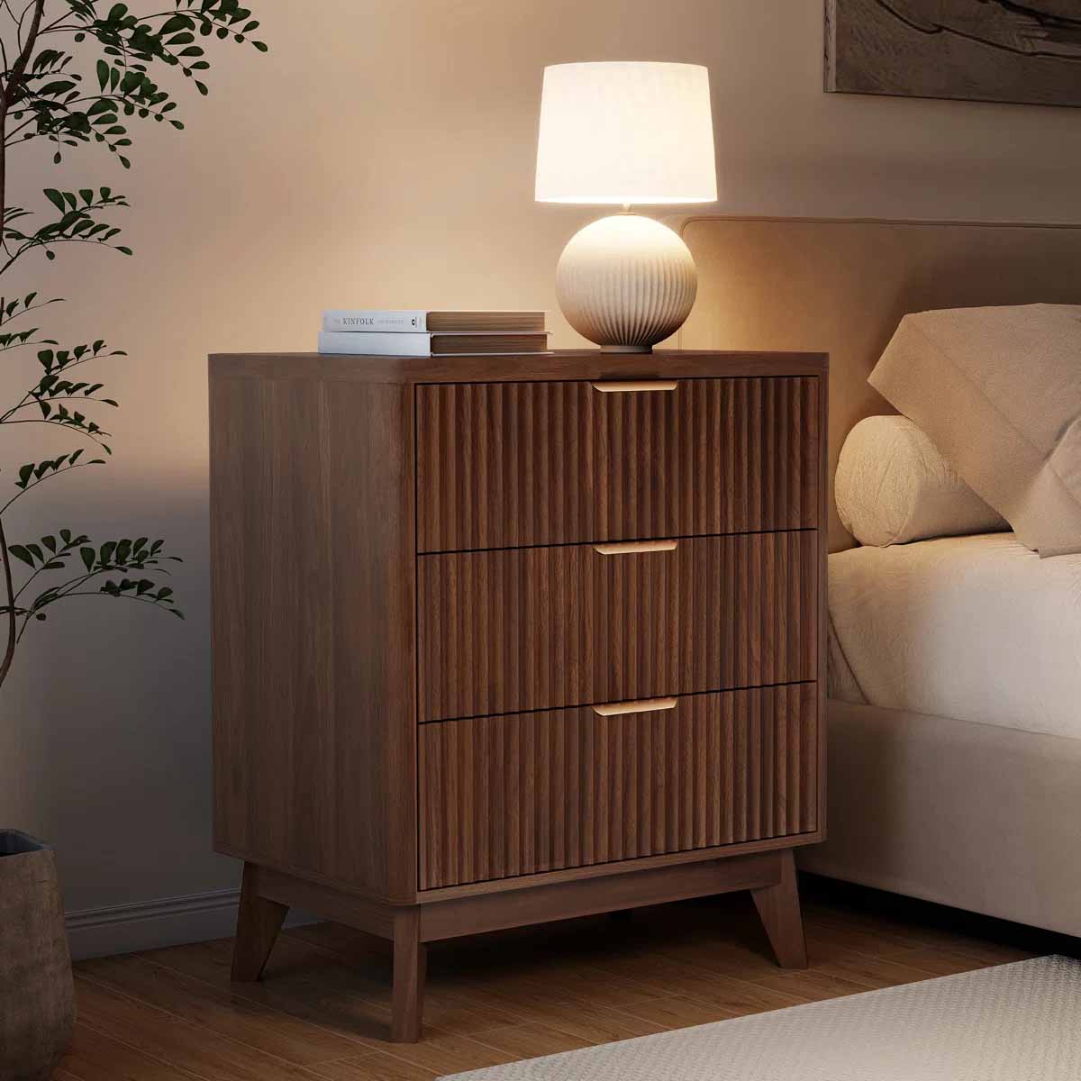 Ebern Designs Rhythm Tall Wood Nightstand Walnut Finish best reeded nightstands