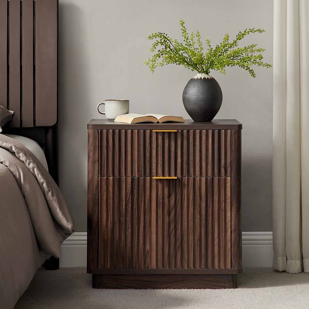 Gracie Oaks 23'' Fluted Nightstand With Mid-Century Modern Dark Walnut best reeded nightstands