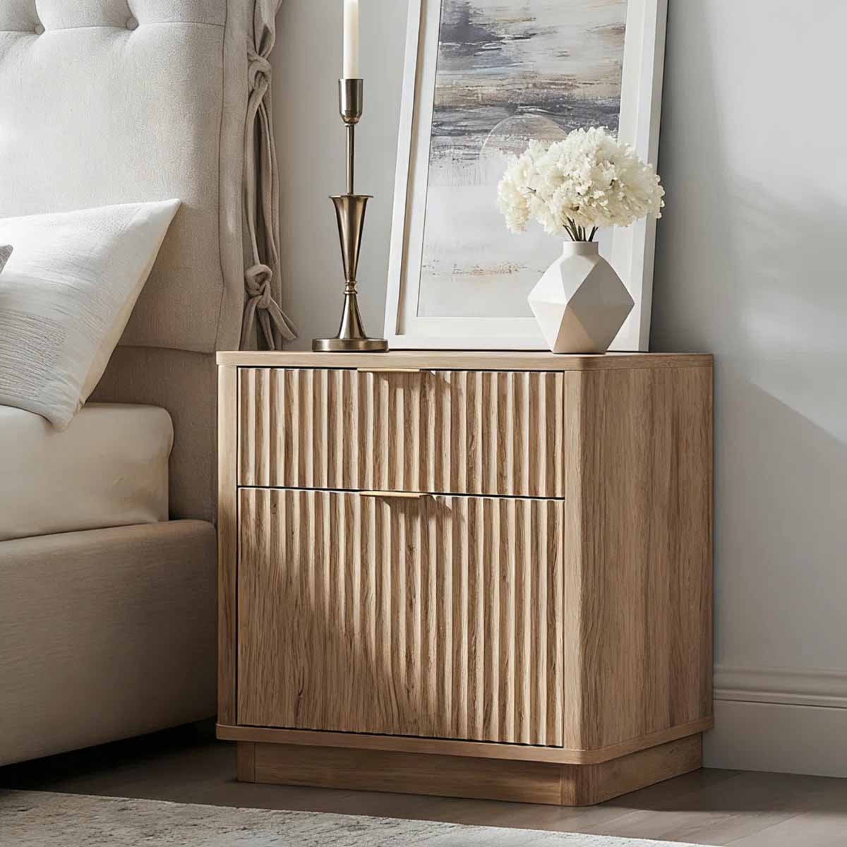 Gracie Oaks 23'' Fluted Nightstand With Mid-Century Modern Natural Oak best reeded nightstands