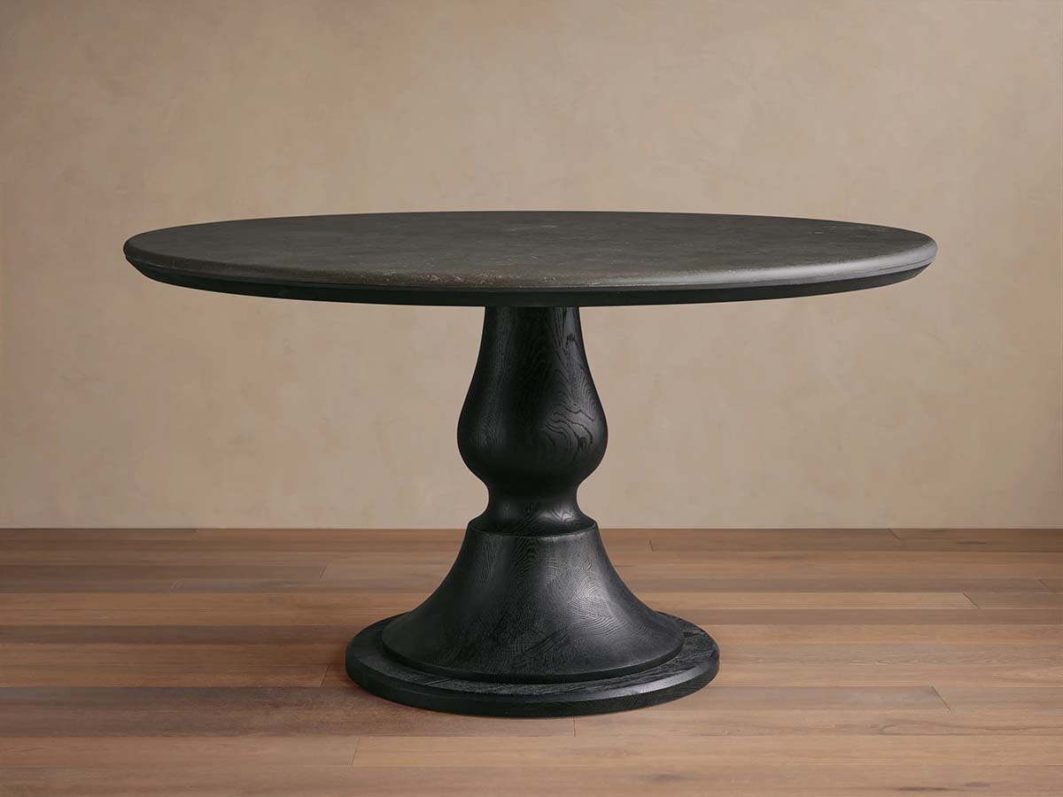 Arhaus Amelia Dining Table Bluestone Top Ebony Base Finish round pedestal dining tables best