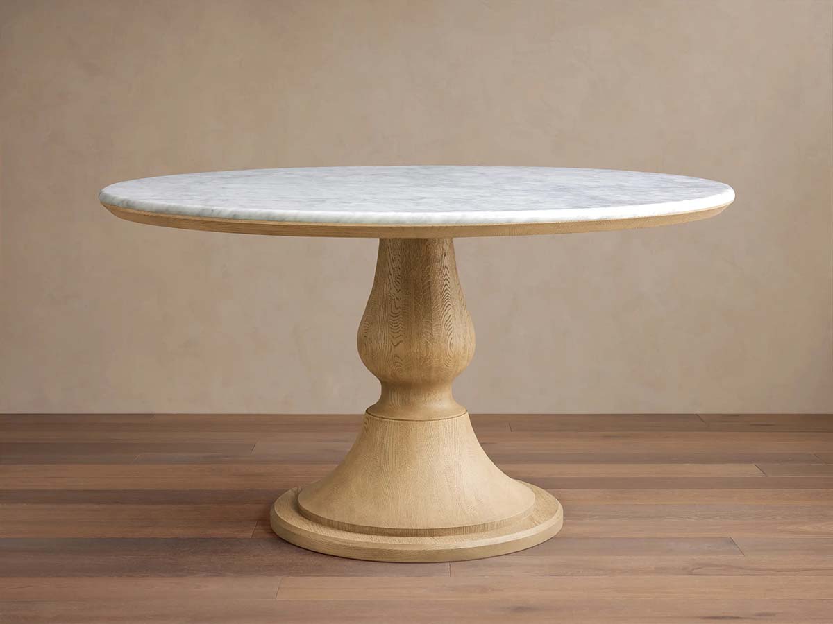 Arhaus Amelia Dining Table Carrara Marble Top Oat Base Finish round pedestal dining tables best