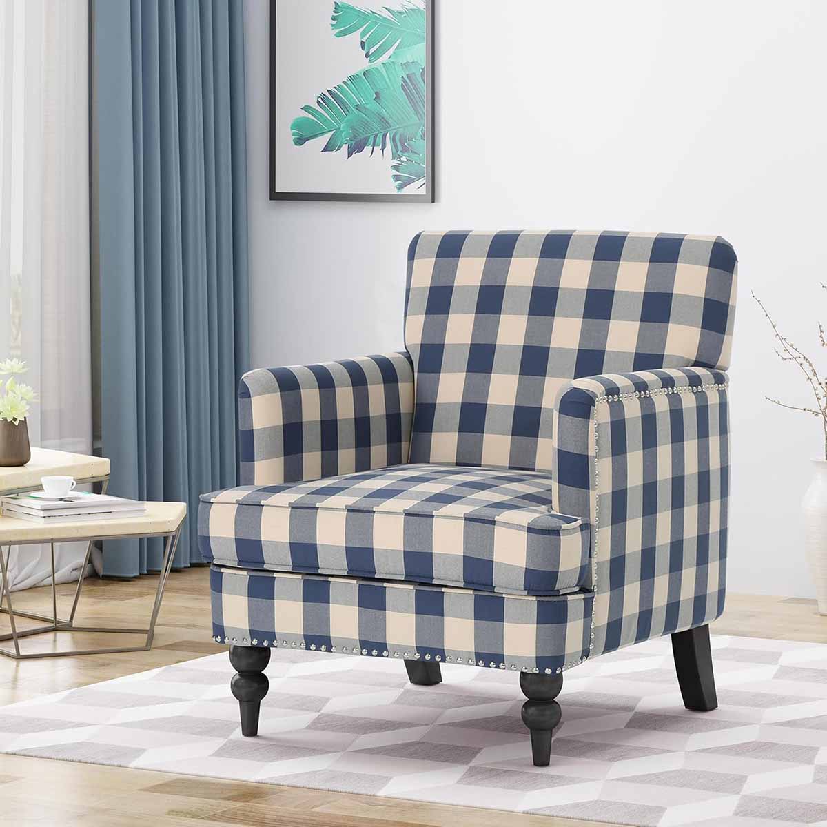 Christopher Knight Home Eve Modern Upholstered Club Chair Blue Checkerboard, Dark Brown plaid armchairs best