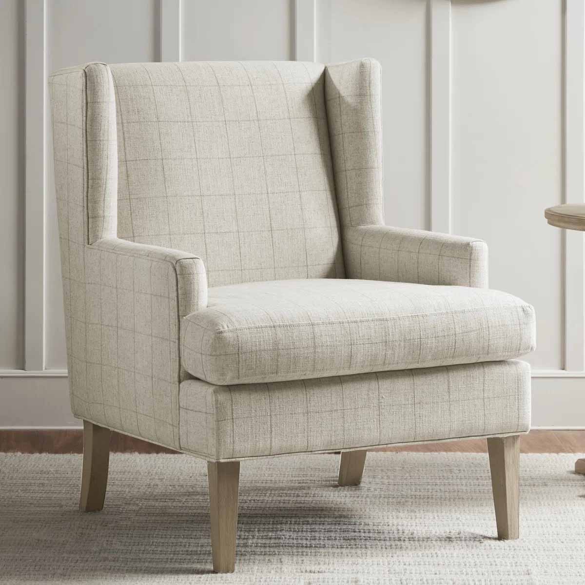 Martha Stewart Bedford Decker Wingback Armchair Beige Windowpane plaid armchairs best