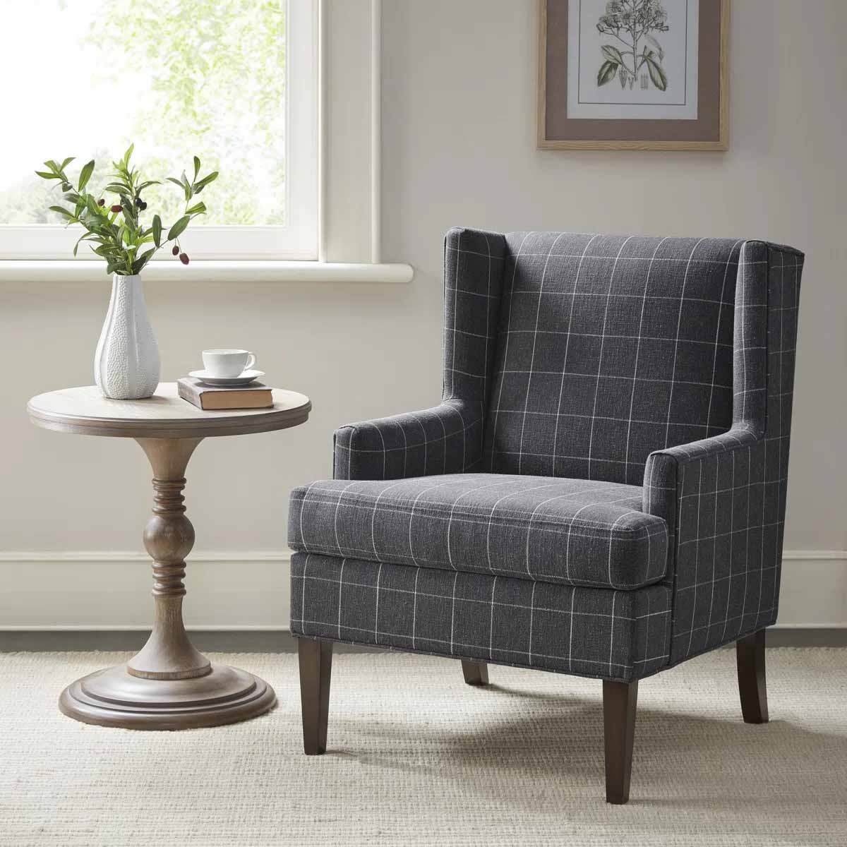 Martha Stewart Bedford Decker Wingback Armchair Charcoal Windowpane plaid armchairs best