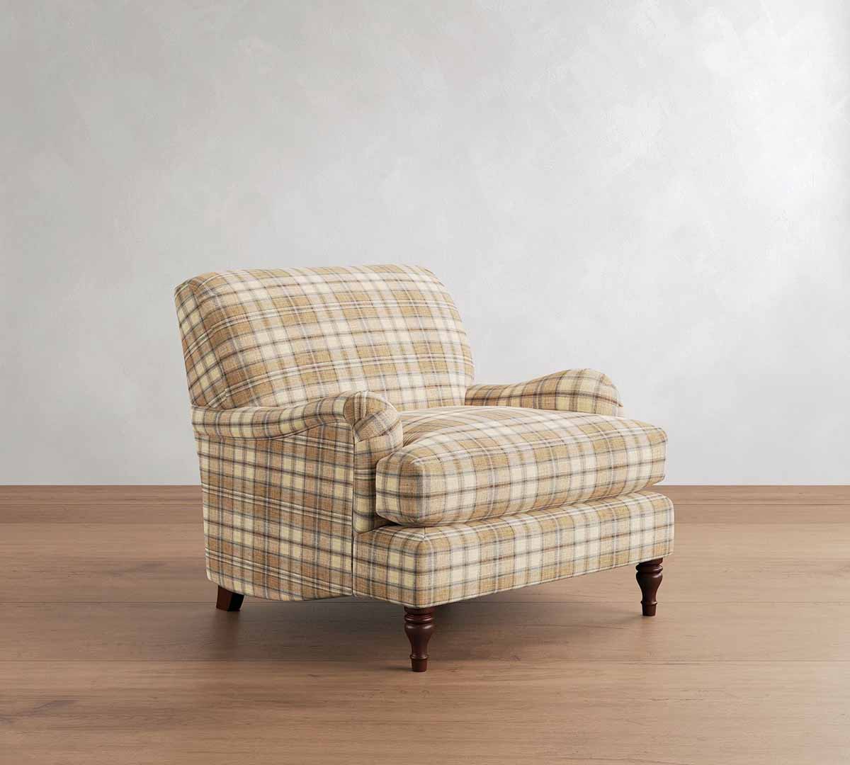 Pottery Barn Carlisle Tightback Camel Cedrick Plaid armchairs best