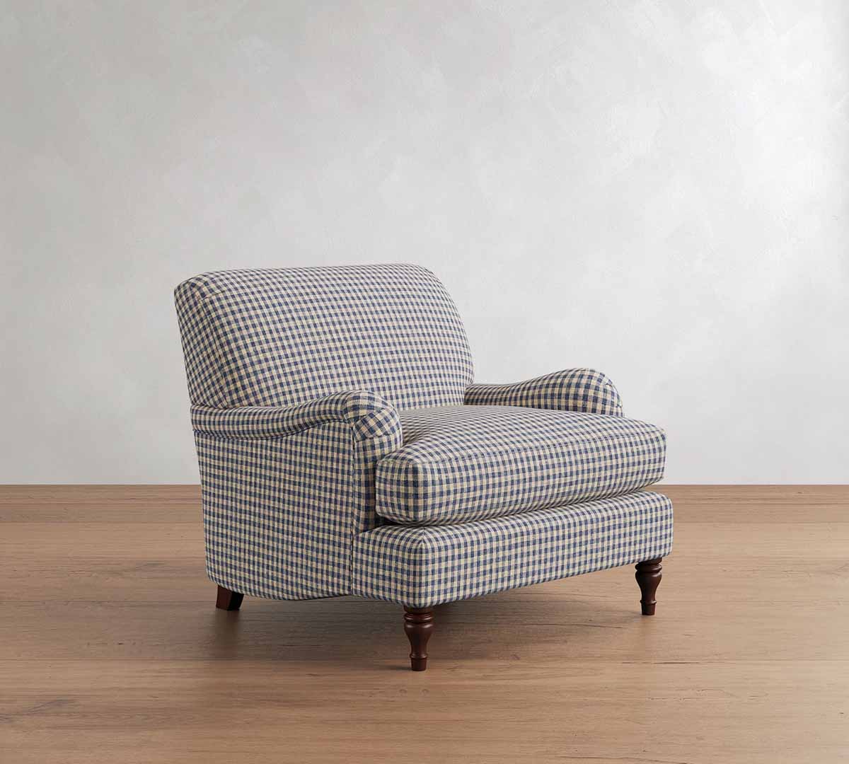 Pottery Barn Carlisle Tightback Navy Rustic Gingham Print plaid armchairs best