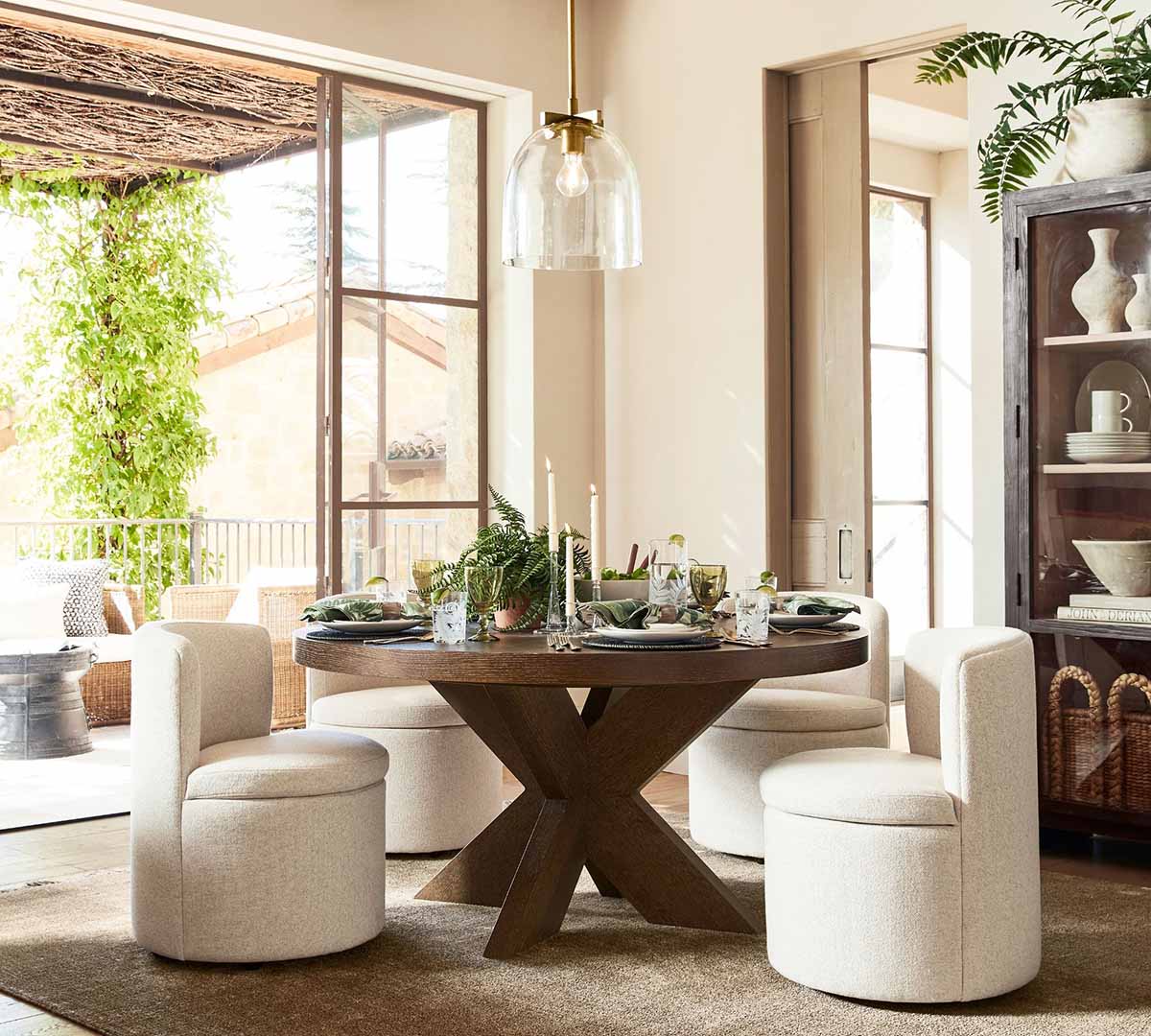 Pottery Barn Modern Farmhouse Round Pedestal Extendable Dining Table (60-78) Tahoe Brown round pedstal dining tables best