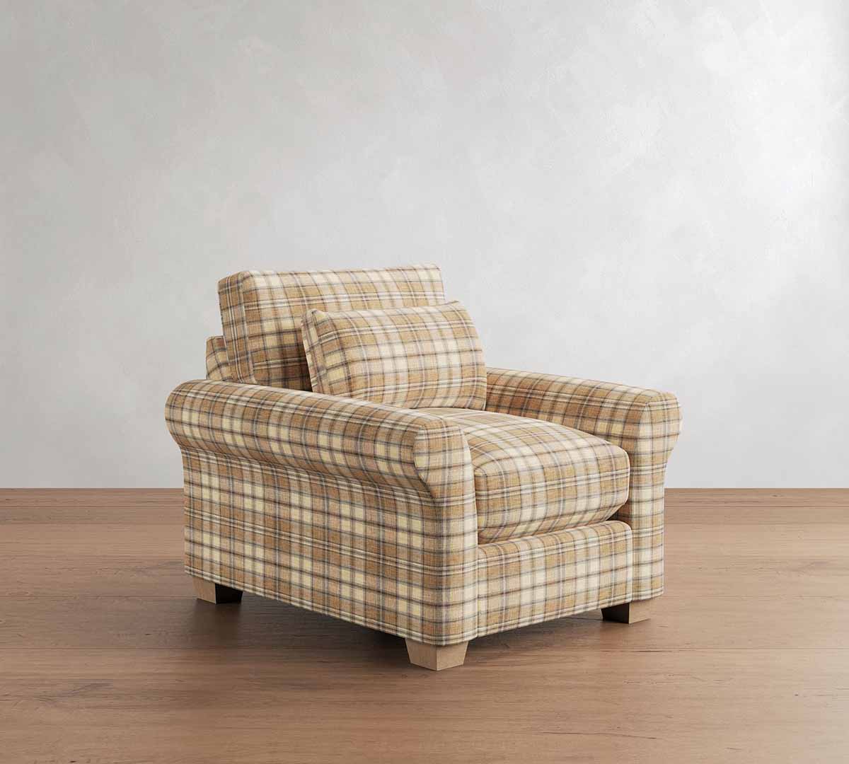 Pottery Barn PB Comfort Modern Roll Arm Deep Seat Chair Camel Cedrick Plaid armchairs