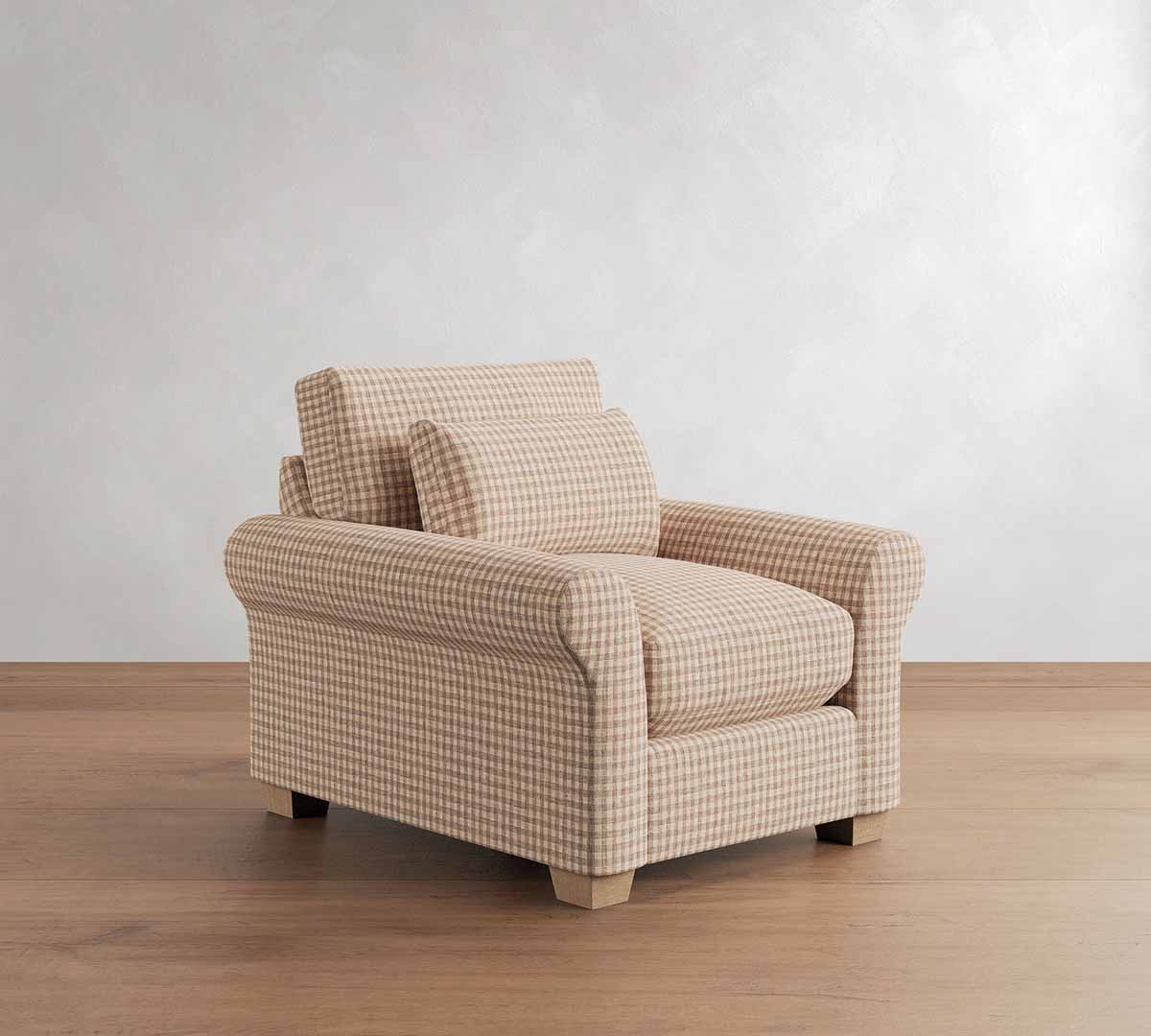 Pottery Barn PB Comfort Modern Roll Arm Deep Seat Chair Camel Rustic Gingham Print Plaid armchairs