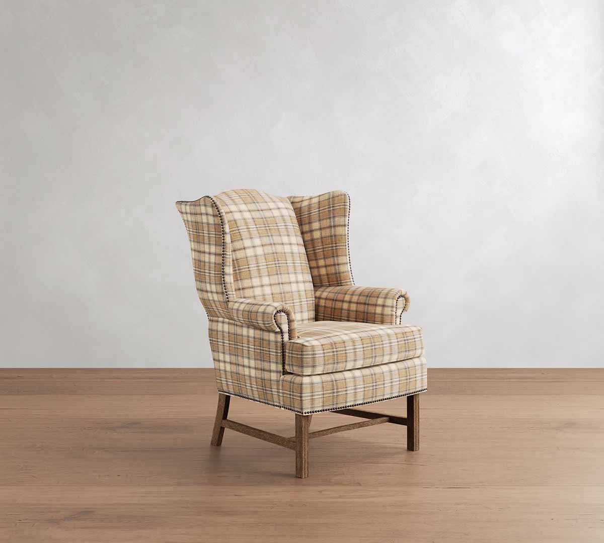 Pottery Barn Thatcher Chair Camel Cedrick Plaid armchairs wingback accent chairs