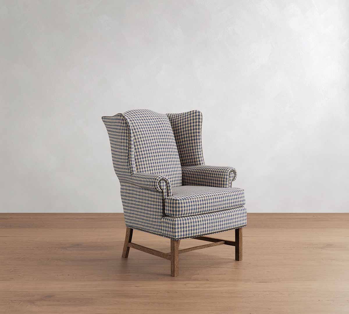 Pottery Barn Thatcher Chair Rustic Gingham Print wingback plaid armchairs accent chairs