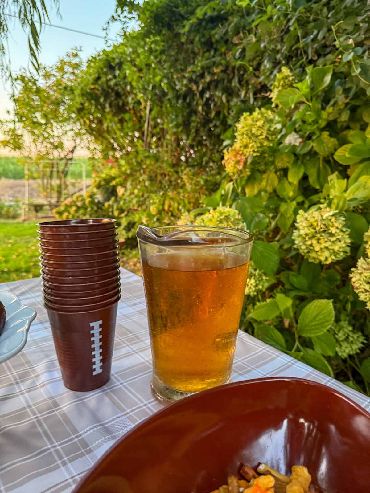 Entertaining expert, journalist and lifestyle blogger Candie Anderson of candieanderson.com shares her charming football cups and a glass pitcher on her tailgate tablescape.