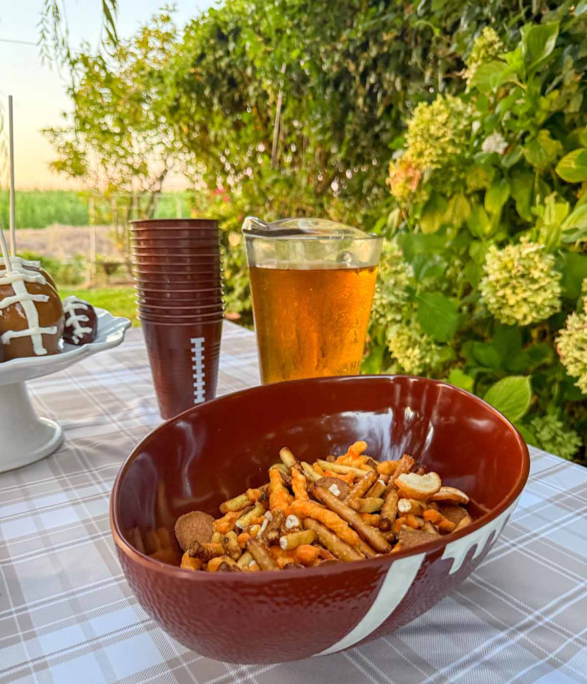 Entertaining expert, journalist and lifestyle blogger Candie Anderson of candieanderson.com shares a pitcher and disposable football cups on her tailgate tablescape.