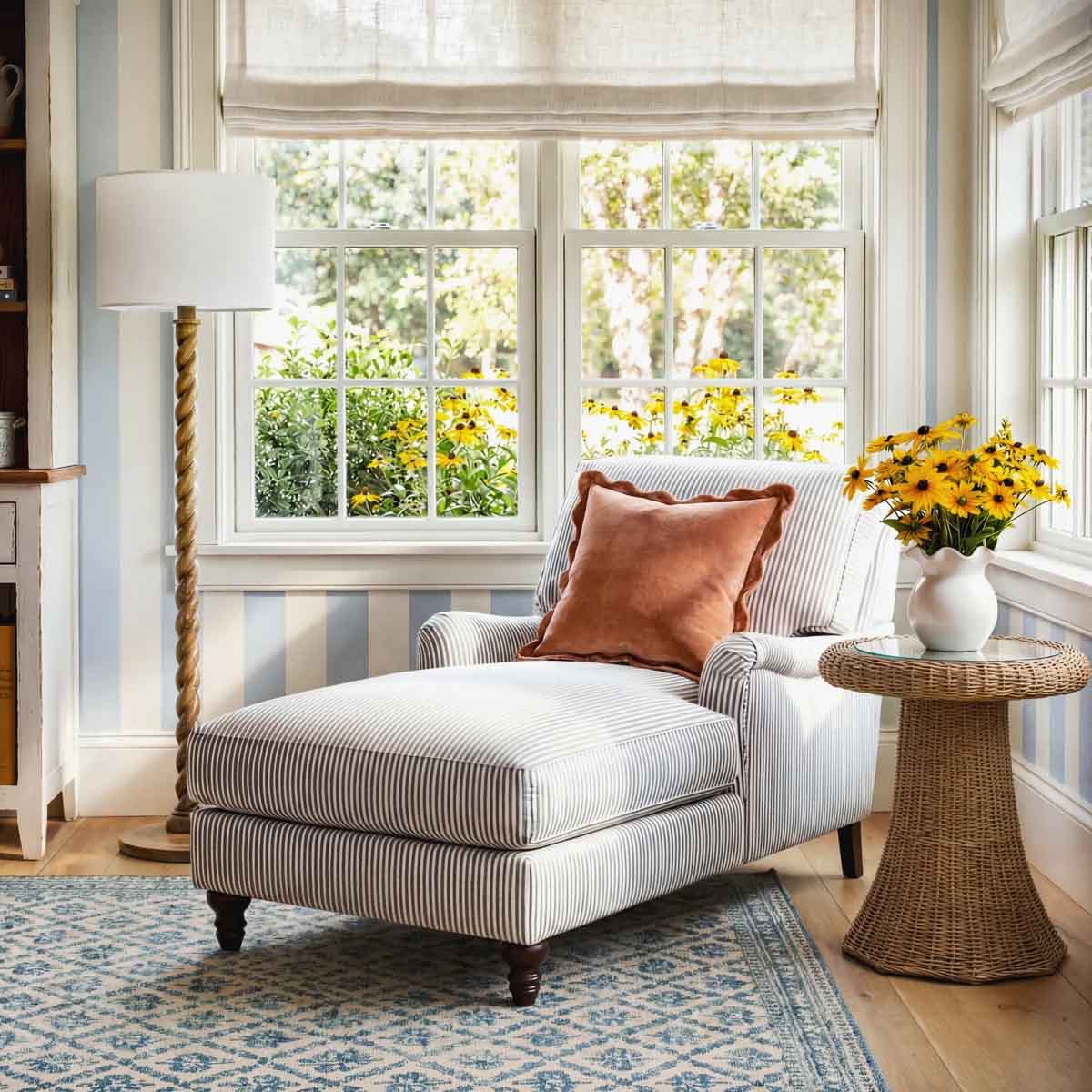 Birch Lane Walters Upholstered Chaise Lounge with Recessed Arms Cruise Adrift Striped Fabric best upholstered chaise lounges