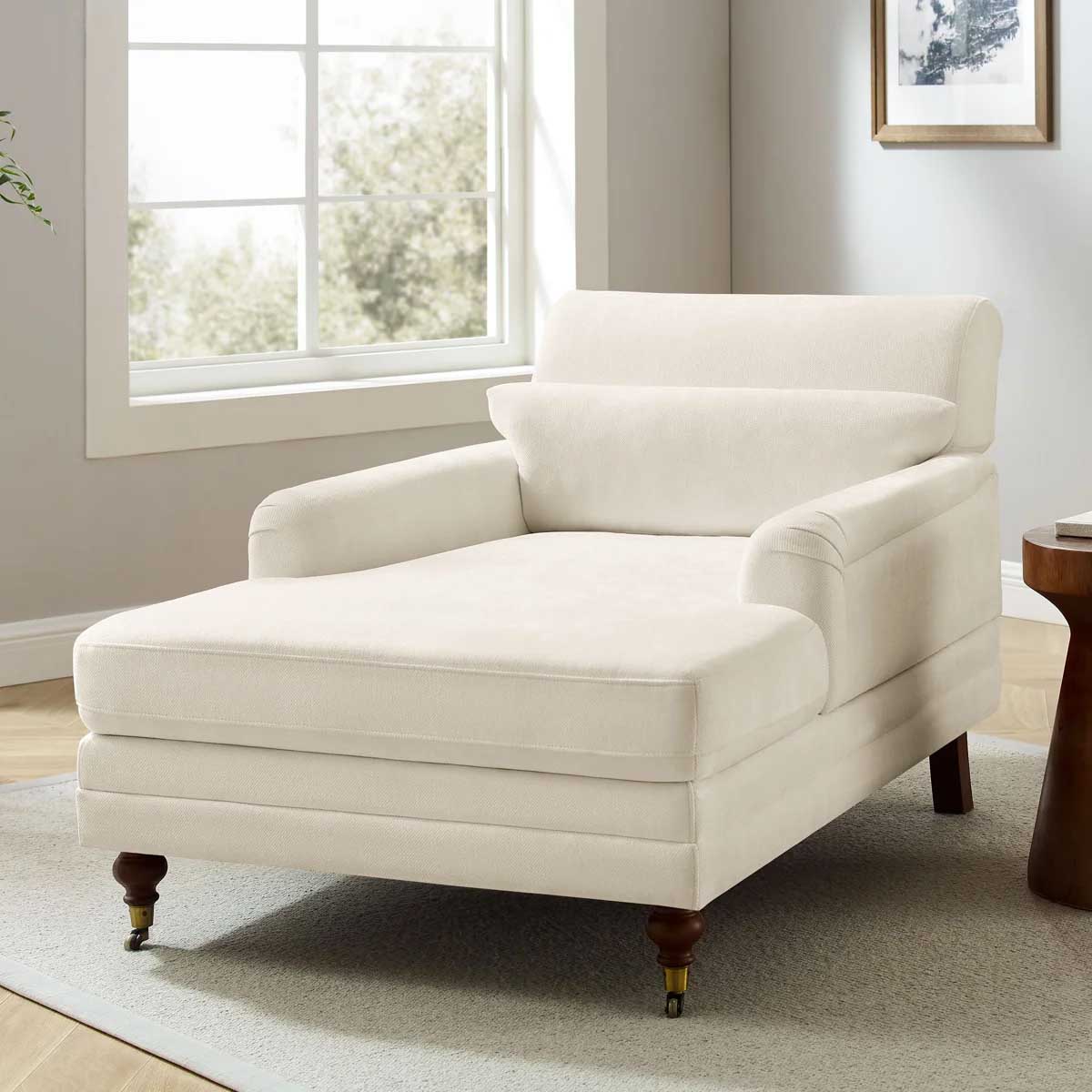 Charlton Home Erbes 37.01 W Chenille Upholstered Solid Wood Chaise Lounge Beige upholstered chaise lounges best