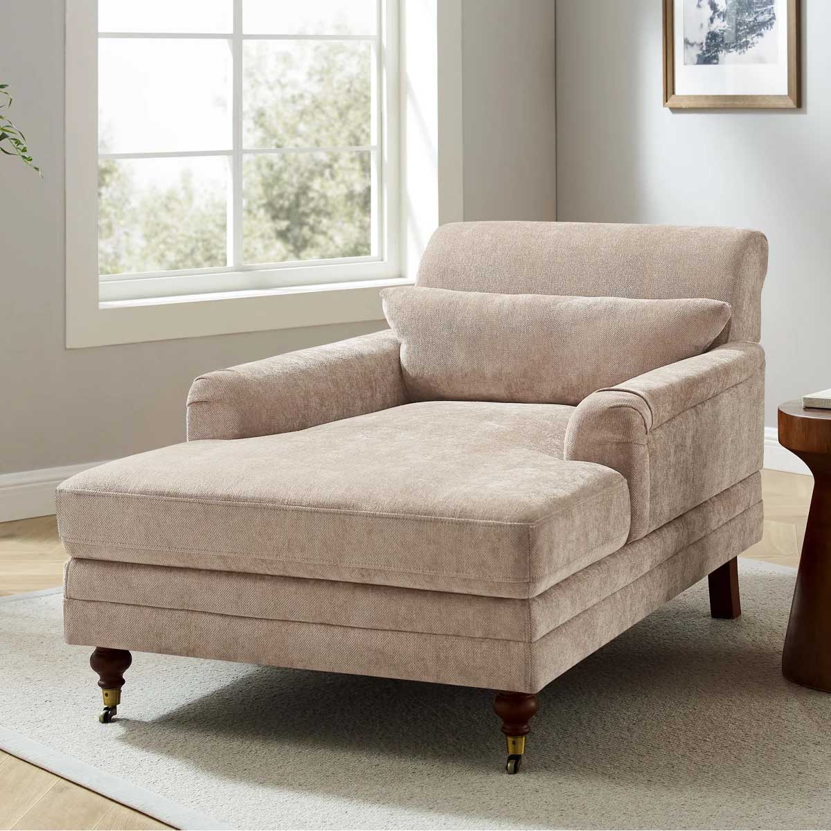 Charlton Home Erbes 37.01 W Chenille Upholstered Solid Wood Chaise Lounge Camel upholstered chaise lounges