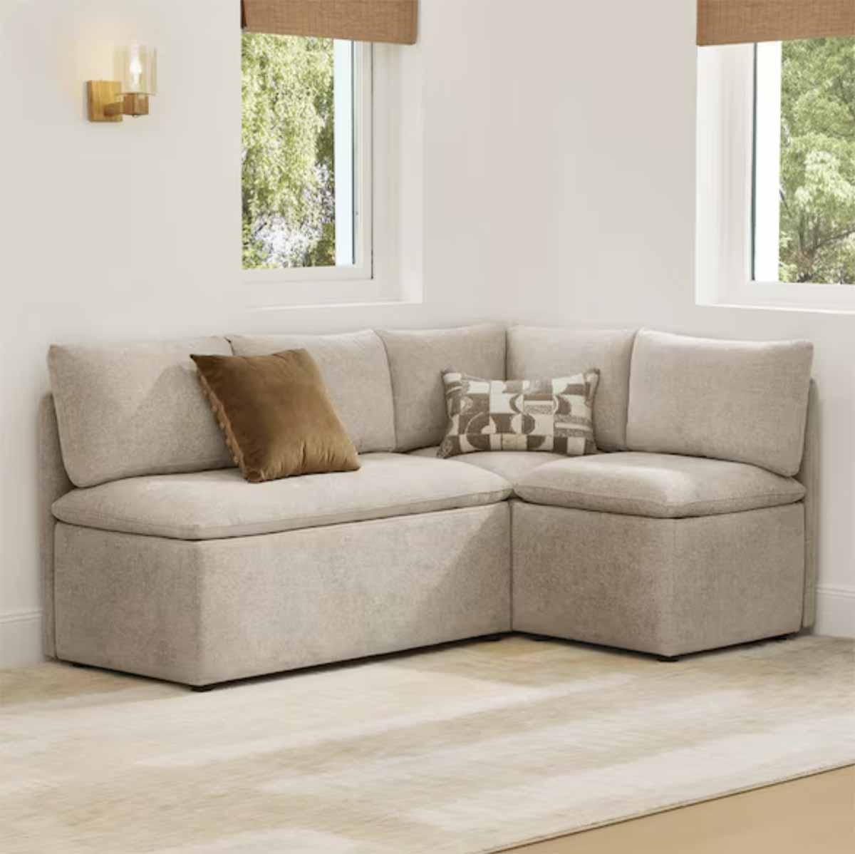 Spruce & Spring Ellis 4-Piece Brown Fabric L-Shaped Dining Chair with Lift-Top Storage and Reversible Cushions, Mid-Century Banquette⁠