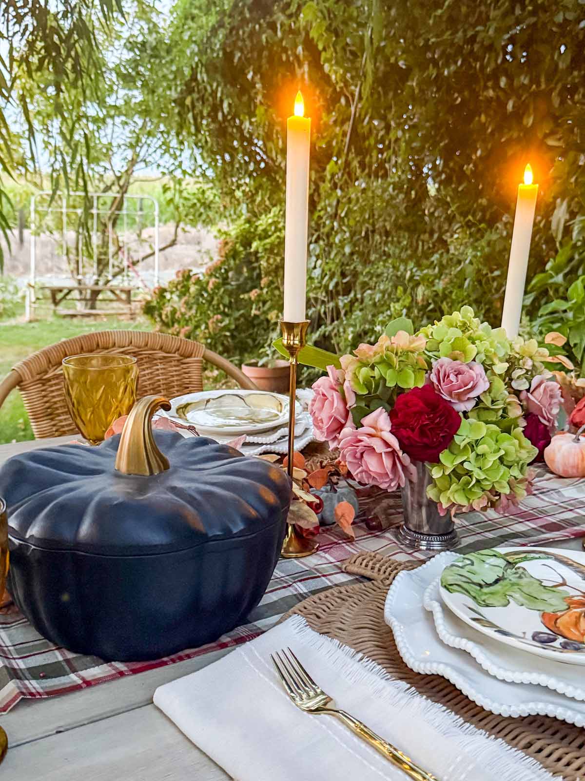 Entertaining expert, journalist and lifestyle blogger Candie Anderson of candieanderson.com shares the most beautiful gold taper candlestick holders on her fall tablescape. They look great with the battery powered LED taper candles.