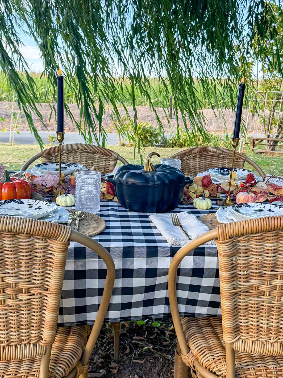 Entertaining expert, journalist and lifestyle blogger Candie Anderson of candieanderson.com shares a closeup of the beautiful and festive outdoor Halloween party tablescape.