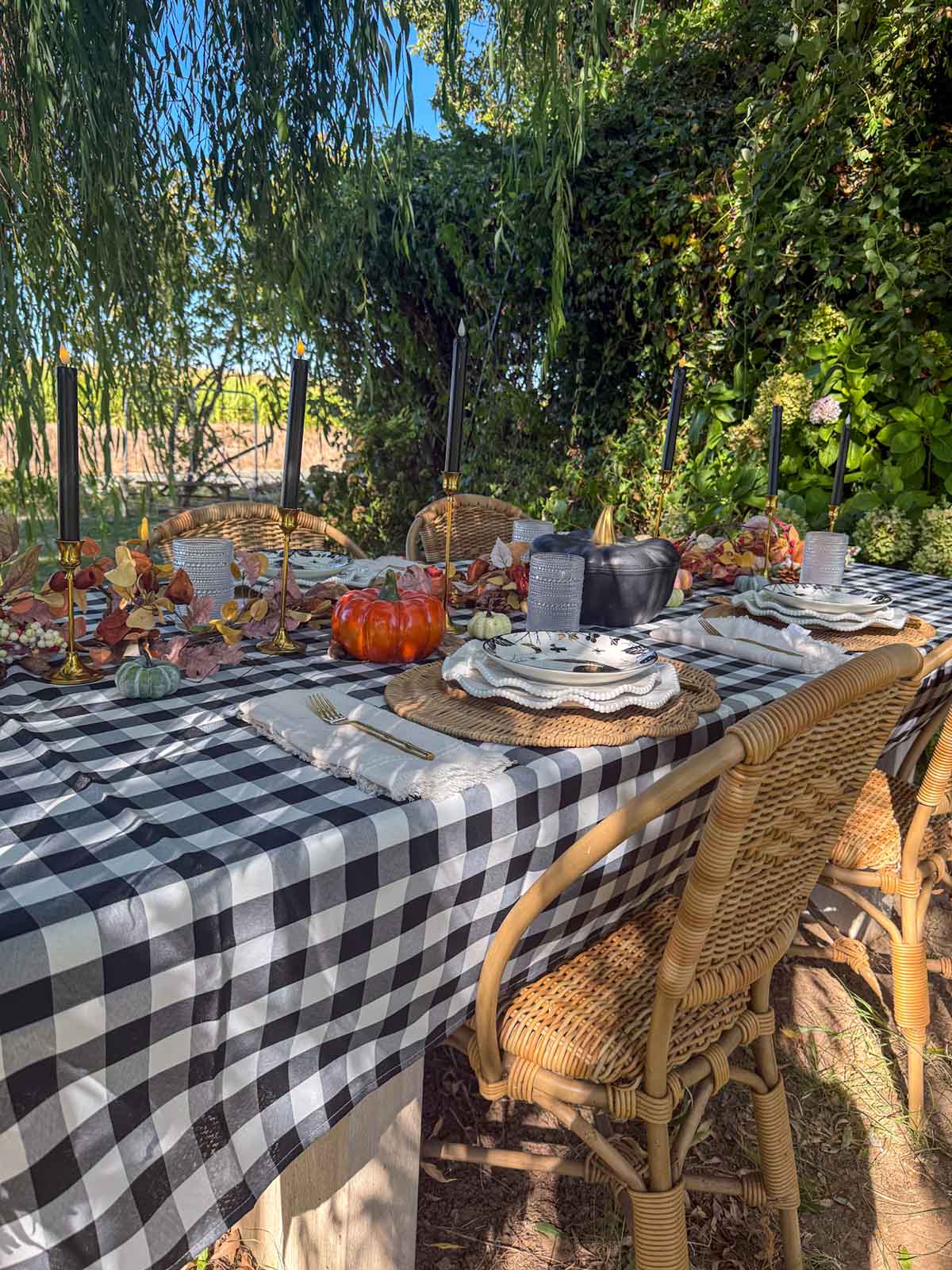 Entertaining expert, journalist and lifestyle blogger Candie Anderson of candieanderson.com shows you how to create a classic outdoor Halloween party tablescape with a black and white check tablecloth, Halloween plates, a fall inspired garland, faux pumpkins, black taper candles and more.