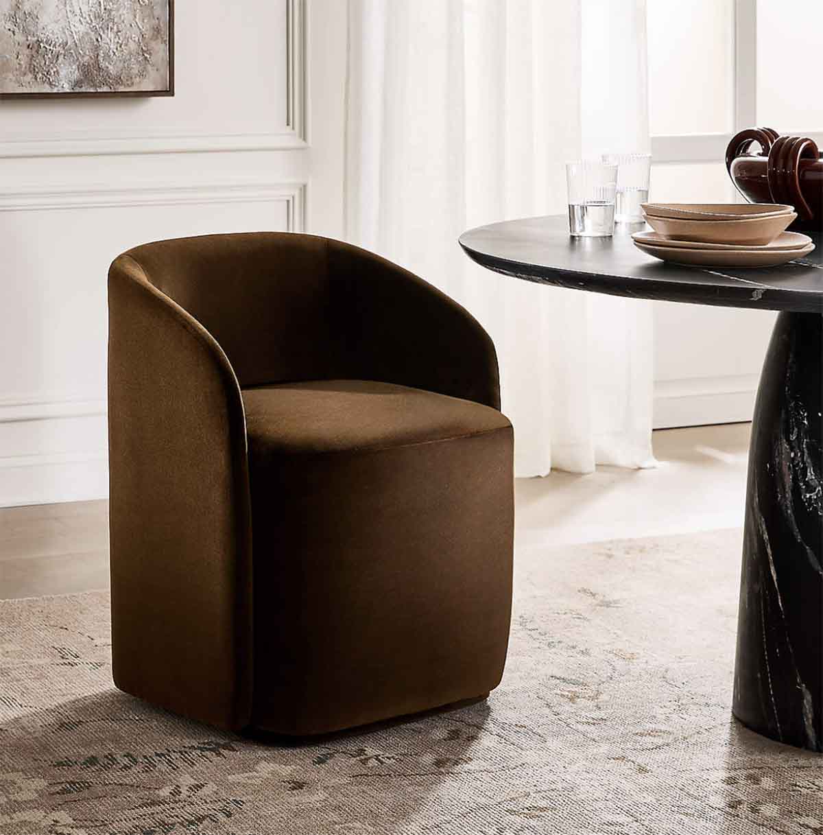 CB2 Wesler Chocolate Brown Velvet Dining Chair with Casters Chocolate Mara Velvet brown velvet dining chairs