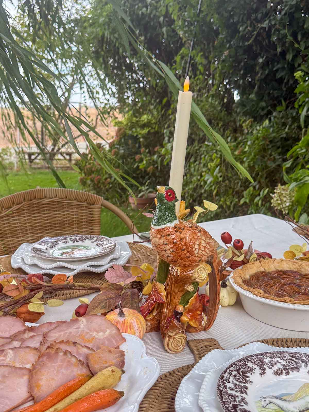 Entertaining expert, journalist and lifestyle blogger Candie Anderson of candieanderson.com shares how she created her beautiful Thanksgiving tablescape with Fitz and Floyd Fall Harvest Pheasant Candleholders and battery powered LED taper candles.