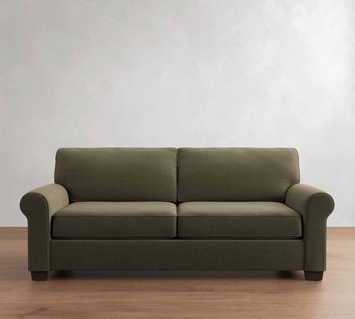 Pottery Barn Buchanan Roll Arm Sofa (63–94) Loden Performance Luxe Linen best olive green sofas