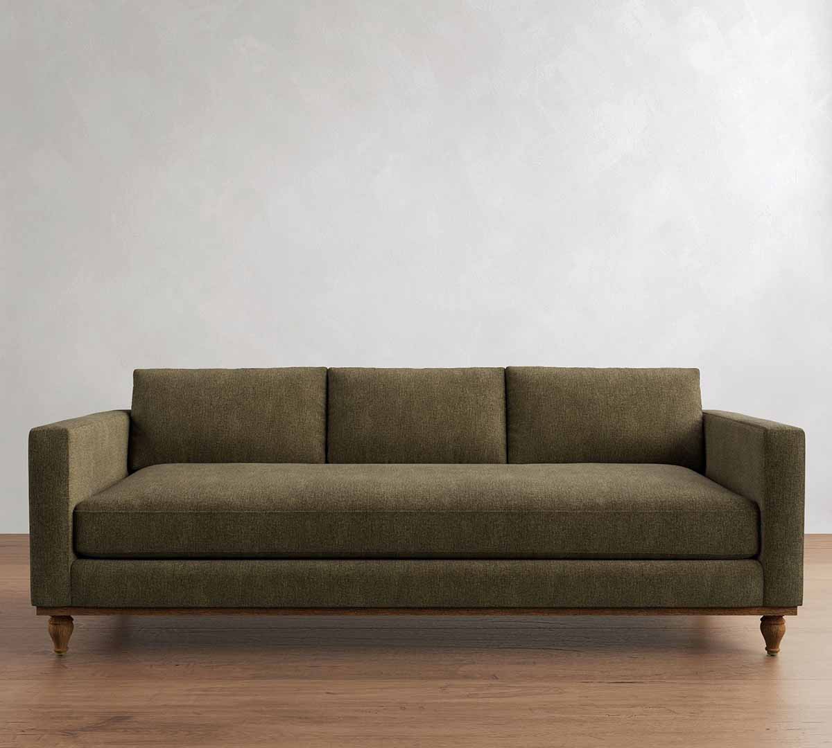 Pottery Barn Jake Turned Leg Sofa (64"–120") Rustic Chenille Dark Moss olive green sofas