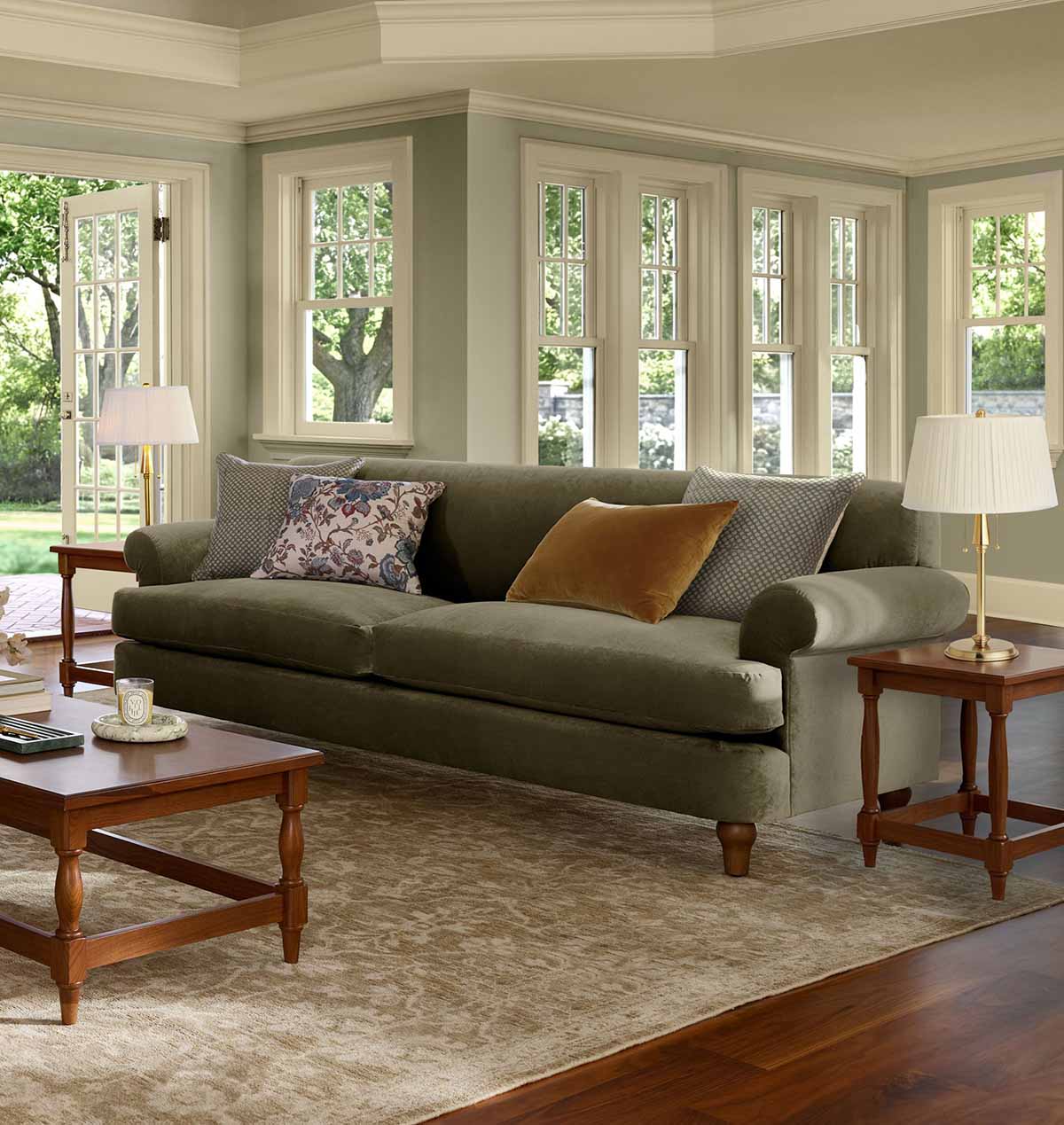 Rejuvenation Eleanor Sofa, 84-108 Watson Velvet Moss best olive green sofas living room