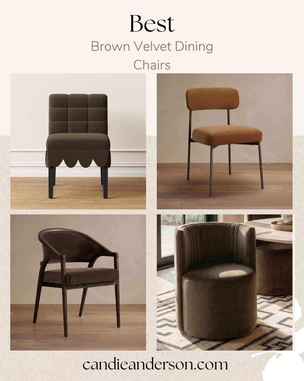 Entertaining expert, journalist and lifestyle blogger Candie Anderson of candieanderson.com shares the best brown velvet dining chairs for your dining room.