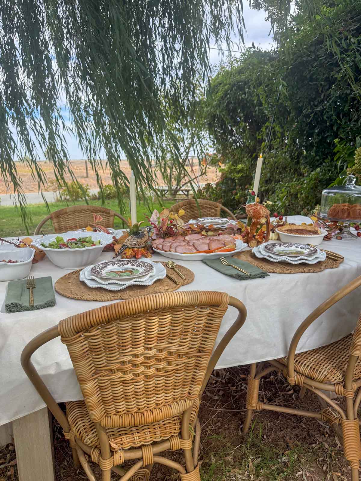 Entertaining expert, journalist and lifestyle blogger Candie Anderson of candieanderson.com shows you how to create a beautiful Thankgiving tablescape that is also perfect for fall celebrations! She used a cream tablecloth, olive green fringe napkins, beautiful pheasant candleholders with battery operated taper candles, Spode horse plates, an autumn inspired garland and more!
