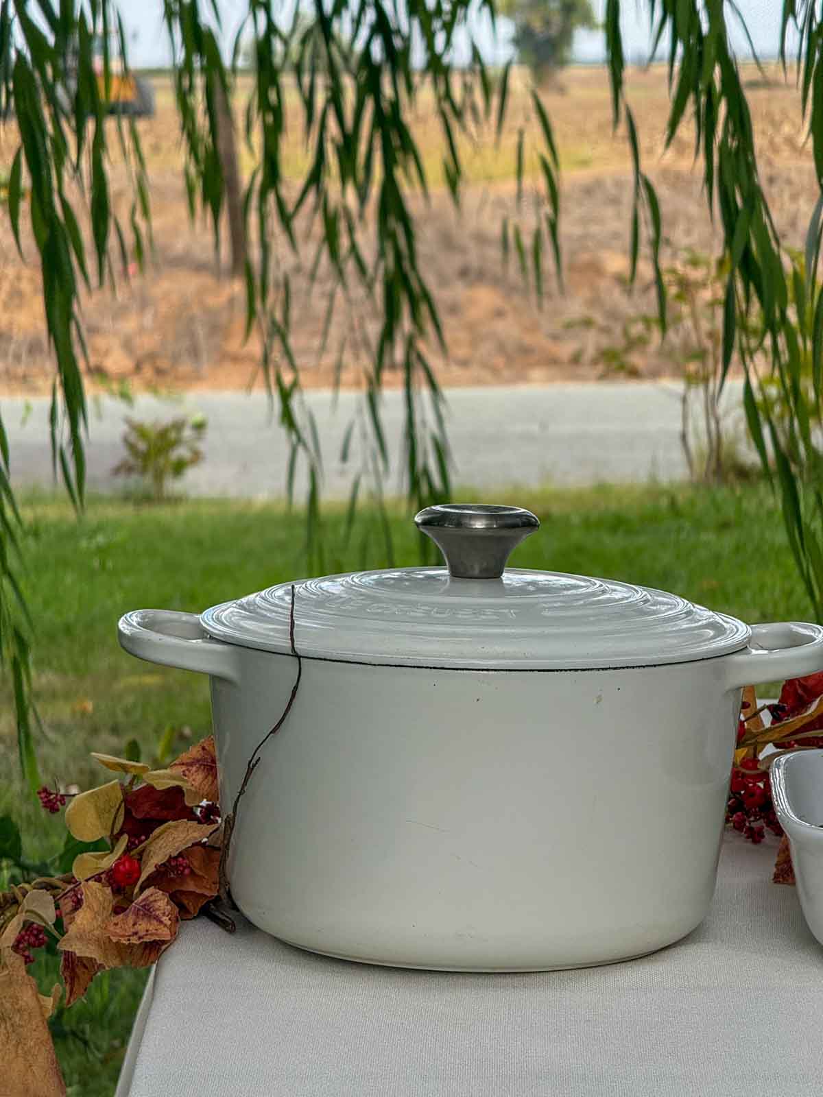 Entertaining expert, journalist and lifestyle blogger Candie Anderson of candieanderson.com shares her beautiful Le Creuset Dutch Oven on her Thanksgiving tablescape. This Dutch oven is perfect for mashed potatoes and looks great on a tablescape.