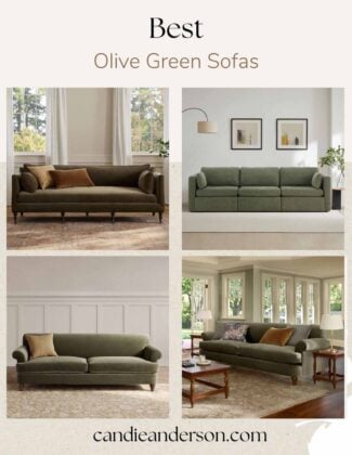 Lifestyle expert, journalist and interior design blogger Candie Anderson of candieanderson.com shares the best olive green sofas for your living room, family room, home office and den.