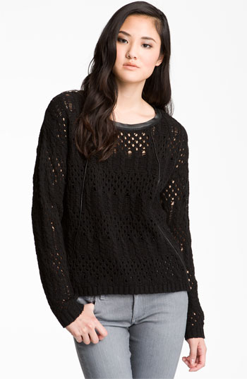 Trouve Faux Leather Trim Open Knit Sweater Black. Nordstrom